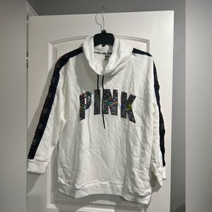 NEW‎ NIP VS PINK Victoria Secret white sequins cowl neck crop sweatshirt L large